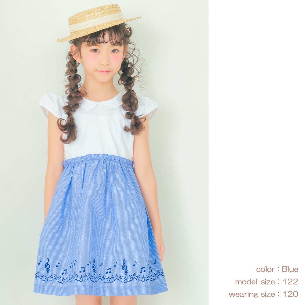 ベビー服 女の子 ストライプ柄音符プリント襟付きドッキングワンピース