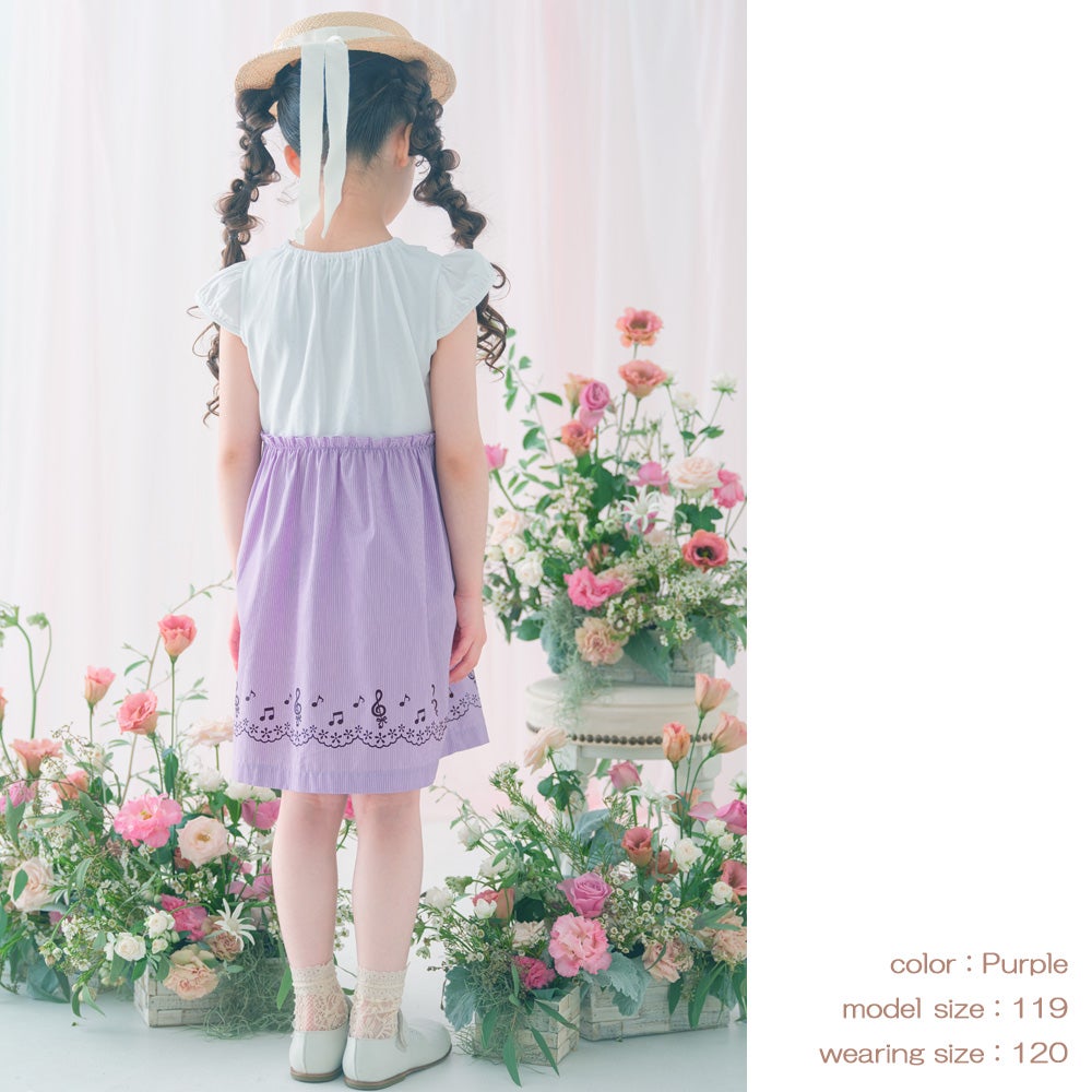 ベビー服 女の子 ストライプ柄音符プリント襟付きドッキングワンピース