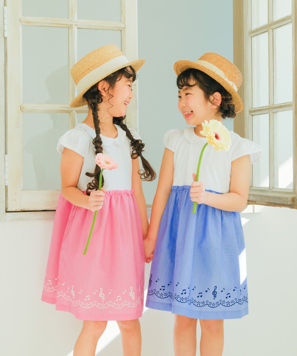 ベビー服 女の子 ストライプ柄音符プリント襟付きドッキングワンピース ピンク(02) モデル画像1