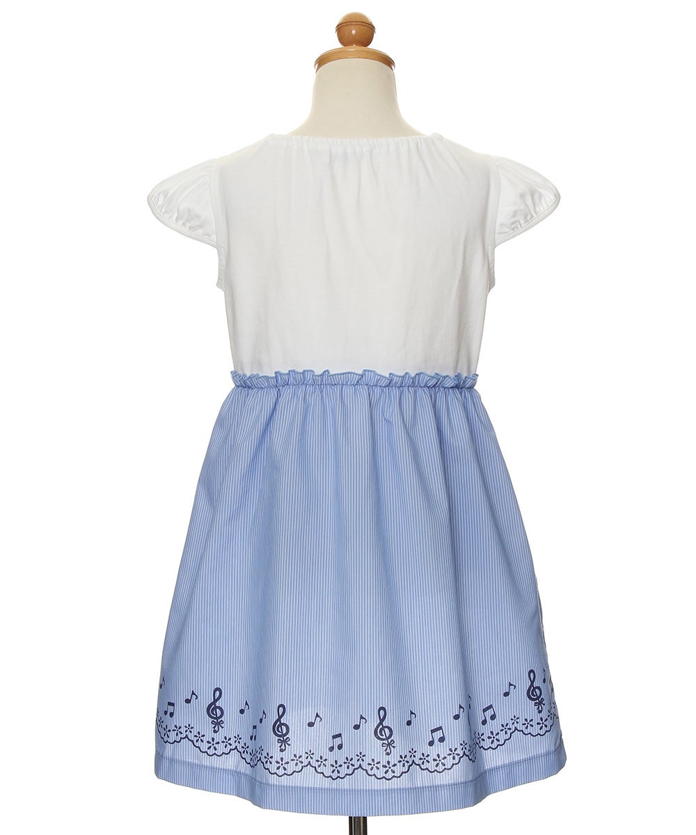 ベビー服 女の子 ストライプ柄音符プリント襟付きドッキングワンピース ブルー(61) トルソー背面