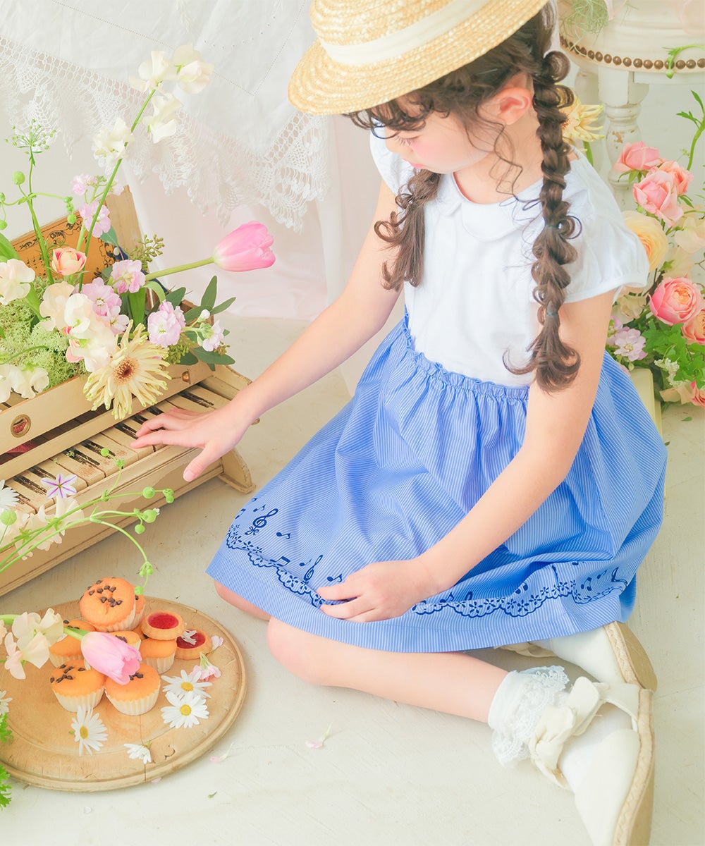 ベビー服 女の子 ストライプ柄音符プリント襟付きドッキングワンピース