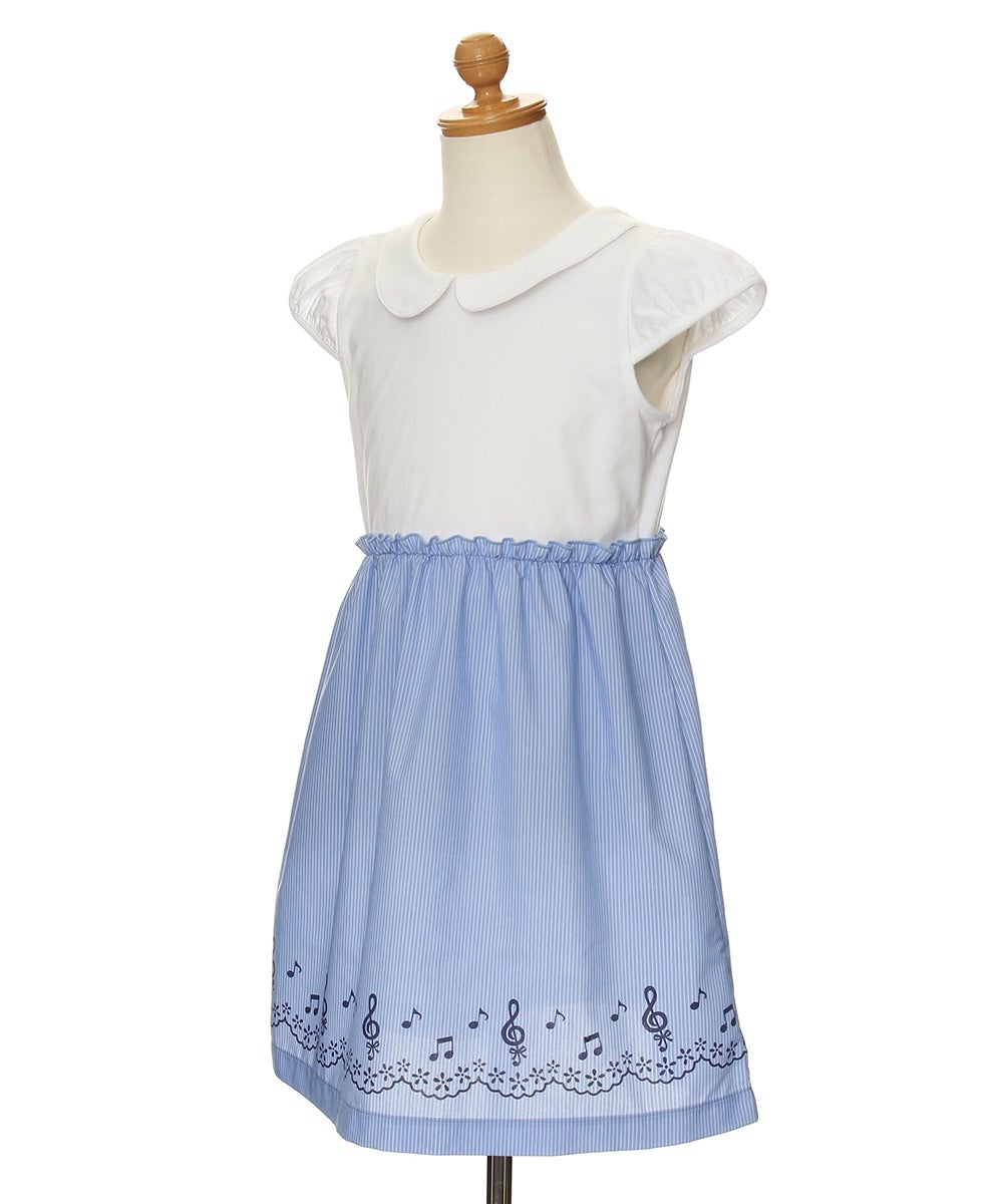 ベビー服 女の子 ストライプ柄音符プリント襟付きドッキングワンピース ブルー(61) トルソー斜め