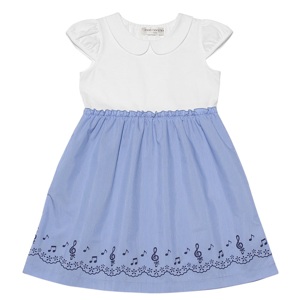 ベビー服 女の子 ストライプ柄音符プリント襟付きドッキングワンピース ブルー(61) 正面