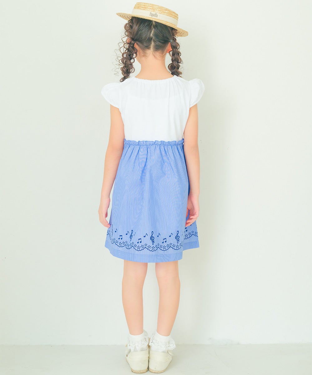 ベビー服 女の子 ストライプ柄音符プリント襟付きドッキングワンピース