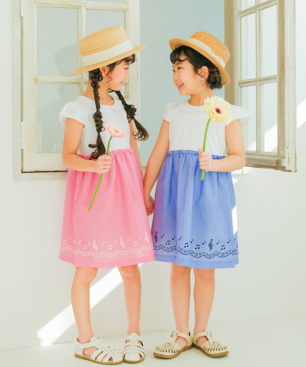 ベビー服 女の子 ストライプ柄音符プリント襟付きドッキングワンピース