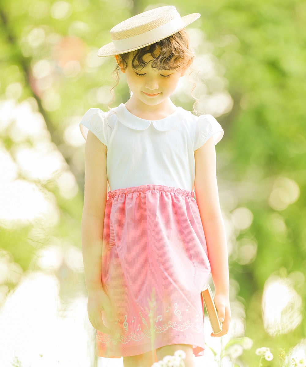 ベビー服 女の子 ストライプ柄音符プリント襟付きドッキングワンピース