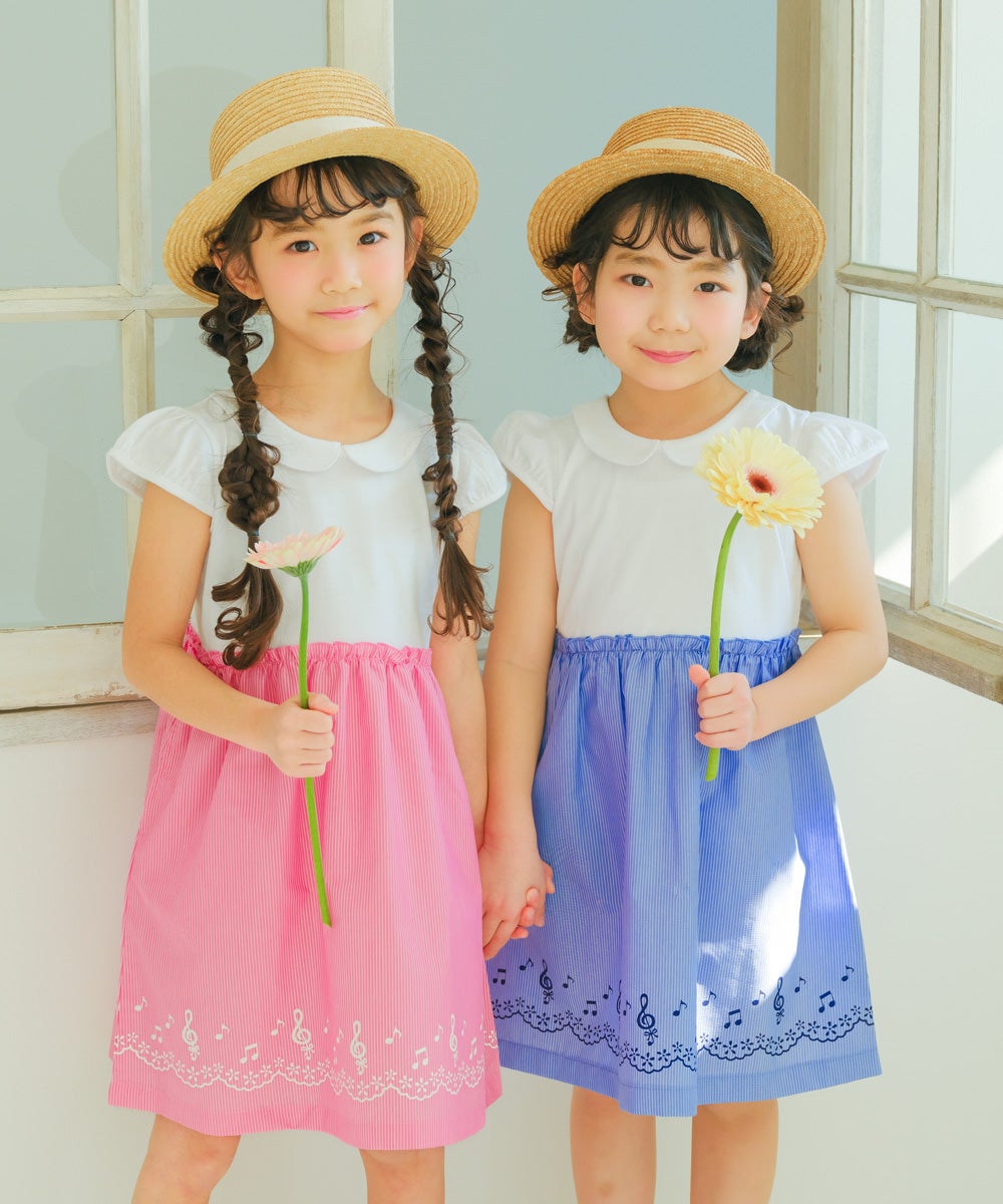 ベビー服 女の子 ストライプ柄音符プリント襟付きドッキングワンピース