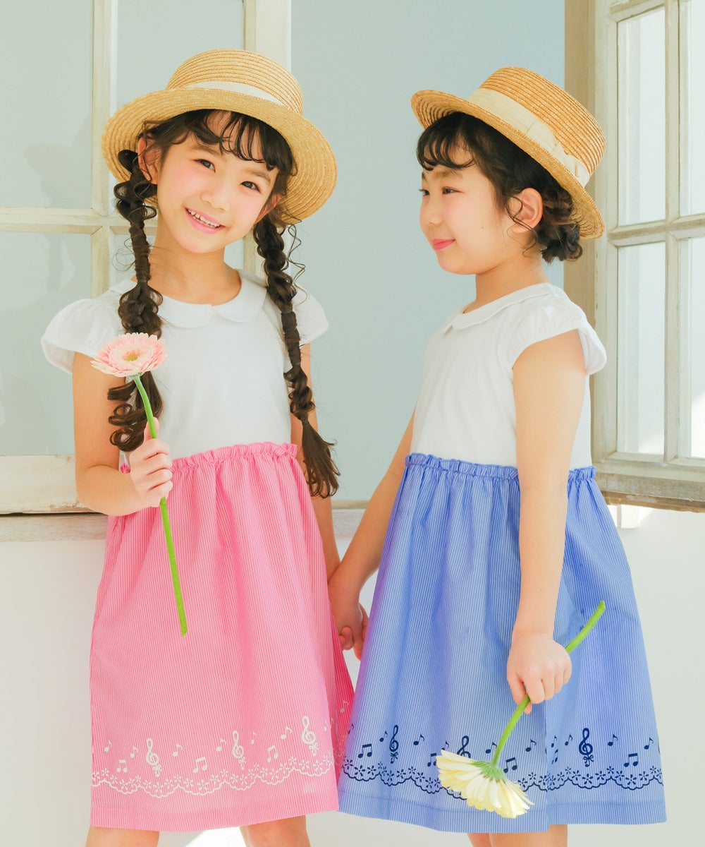 ベビー服 女の子 ストライプ柄音符プリント襟付きドッキングワンピース