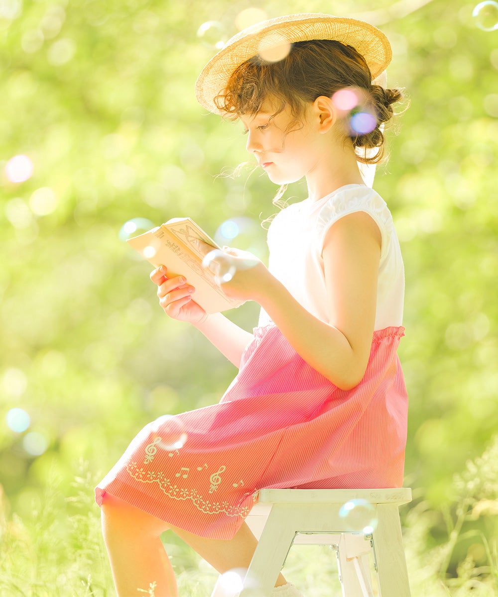 ベビー服 女の子 ストライプ柄音符プリント襟付きドッキングワンピース