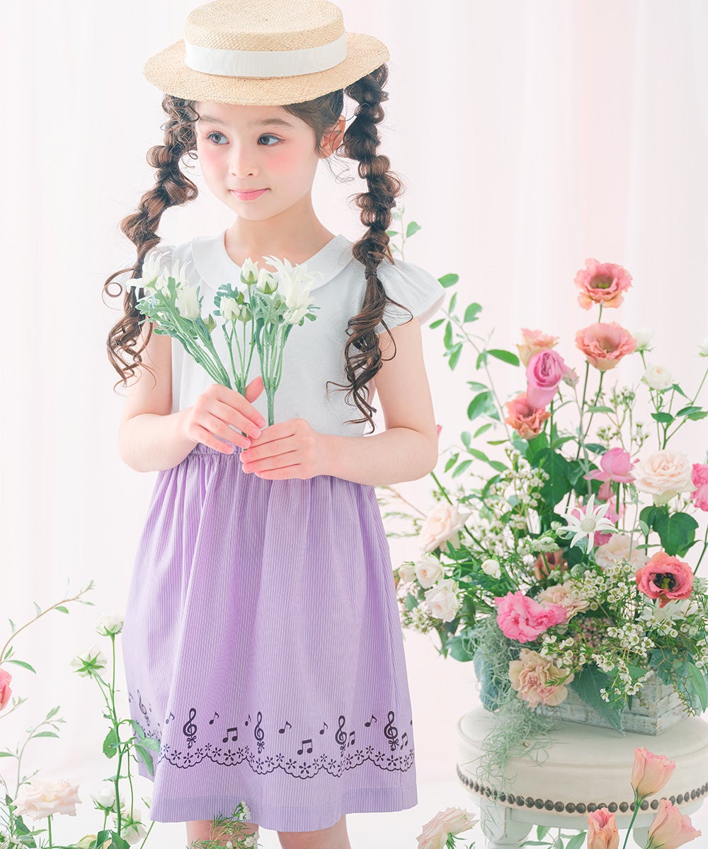 ベビー服 女の子 ストライプ柄音符プリント襟付きドッキングワンピース