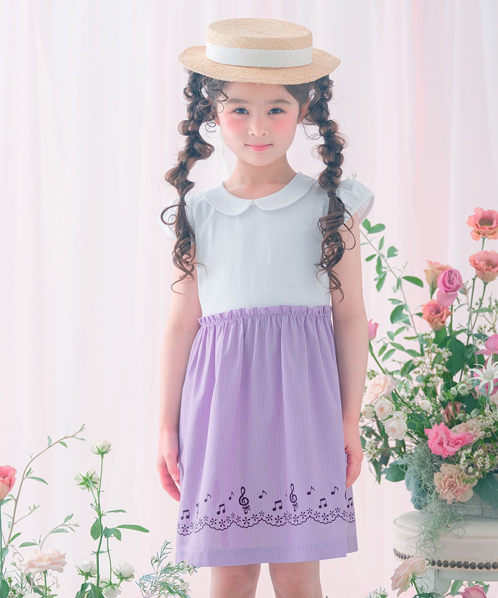 ベビー服 女の子 ストライプ柄音符プリント襟付きドッキングワンピース