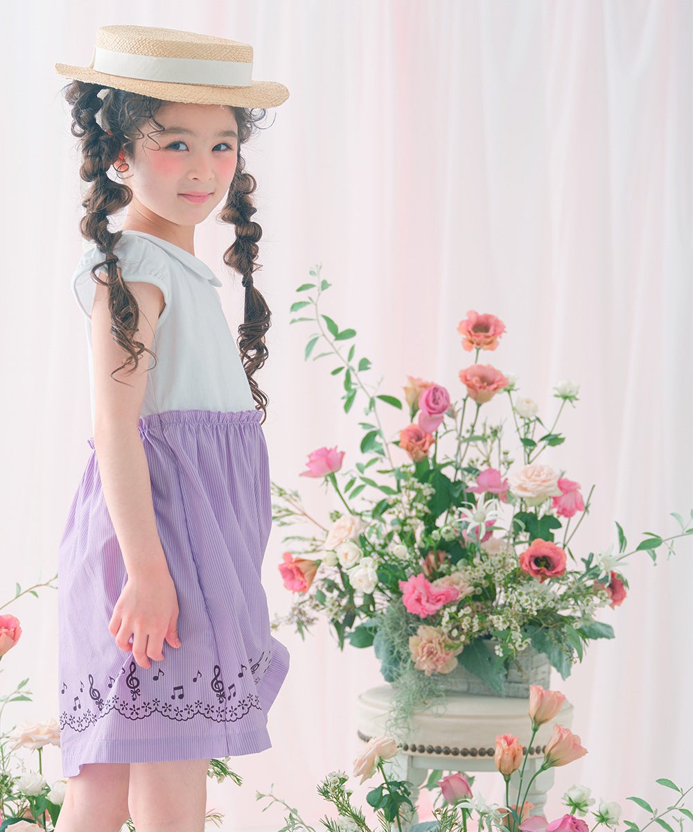 ベビー服 女の子 ストライプ柄音符プリント襟付きドッキングワンピース