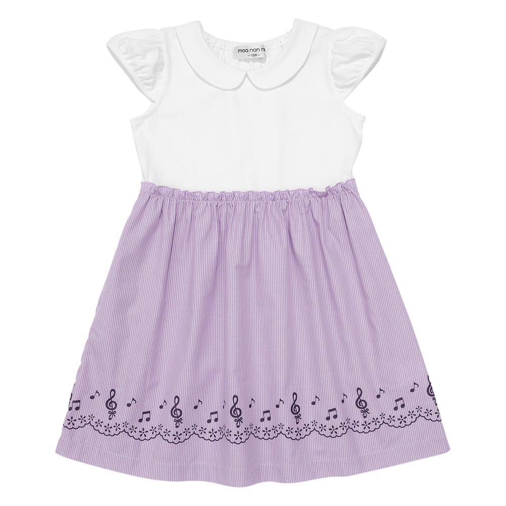 ベビー服 女の子 ストライプ柄音符プリント襟付きドッキングワンピース パープル(91) 背面