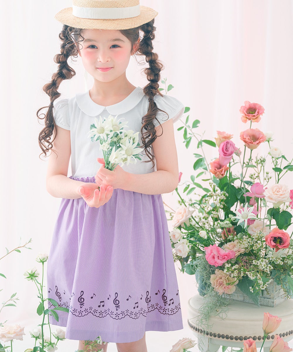 ベビー服 女の子 ストライプ柄音符プリント襟付きドッキングワンピース パープル(91) モデル画像アップ