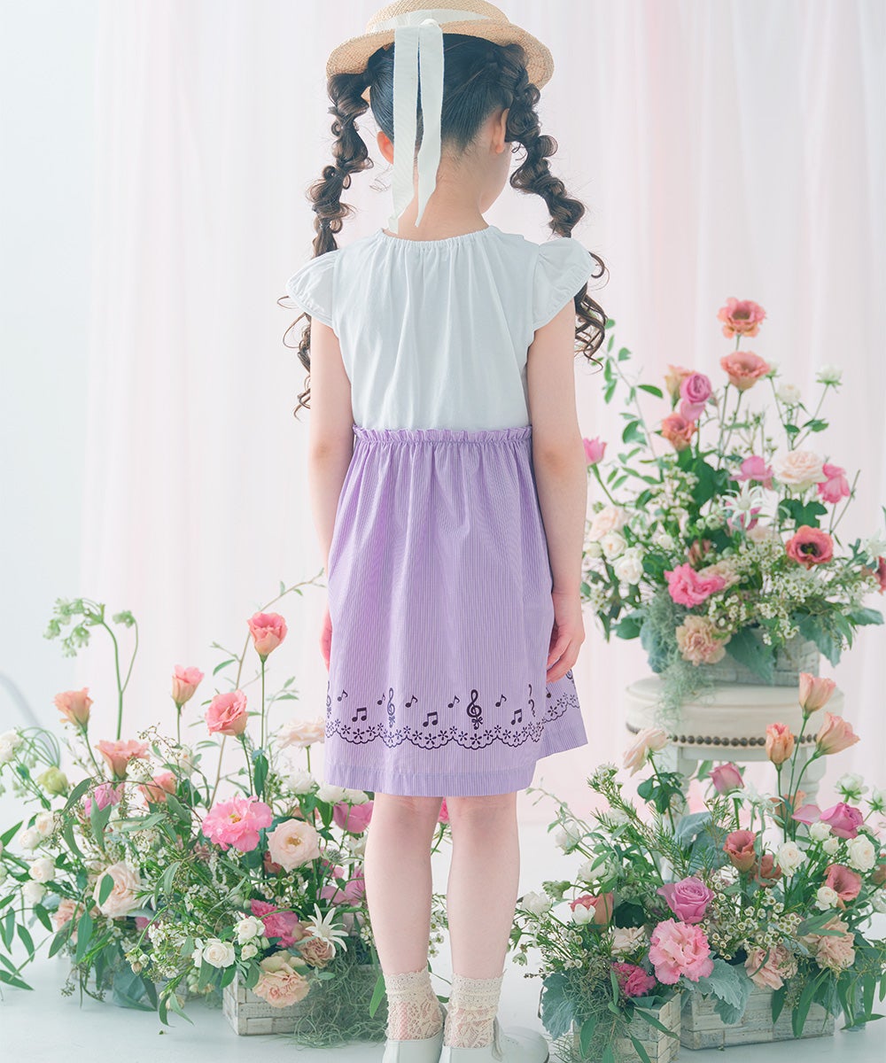 ベビー服 女の子 ストライプ柄音符プリント襟付きドッキングワンピース パープル(91) モデル画像2