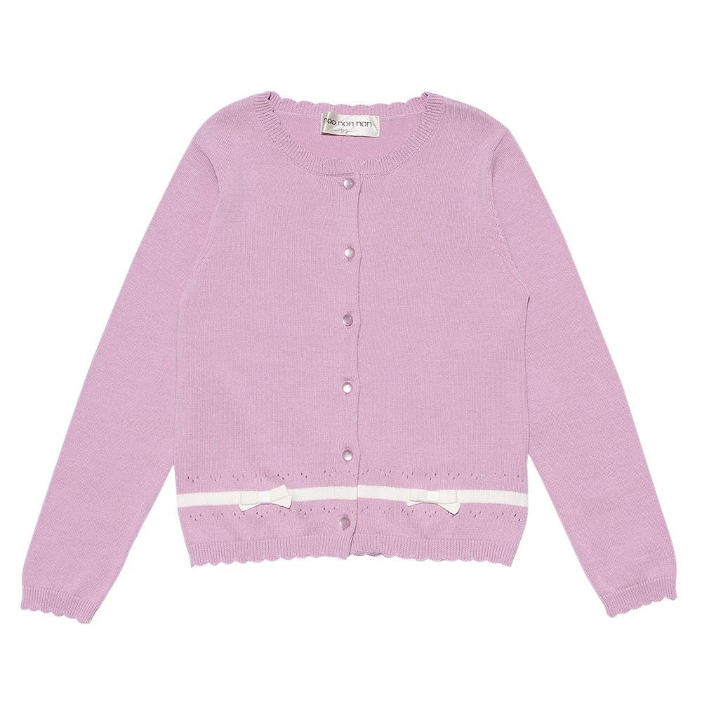 子供服 女の子 綿100％ライン＆リボン付きカーディガン パープル(91) 正面