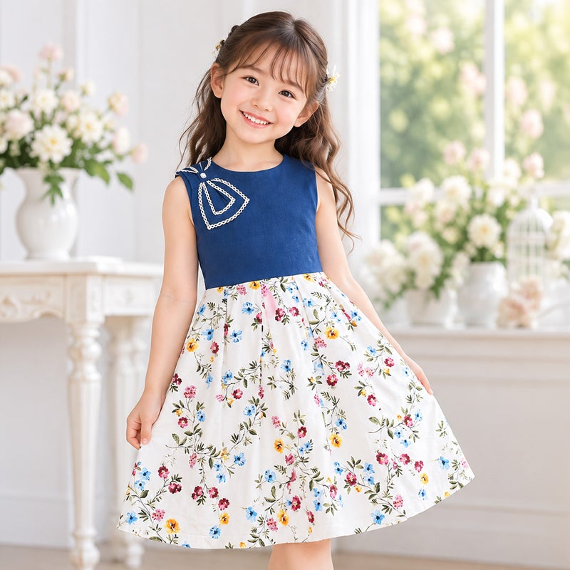 子供服 女の子 日本製ウエスト切替え花柄 リボン付きワンピース
