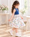 子供服 女の子 日本製ウエスト切替え花柄 リボン付きワンピース ブルー(61)