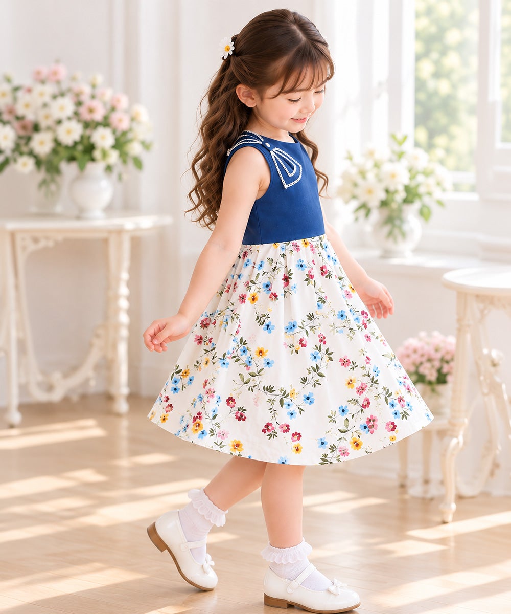 子供服 女の子 日本製ウエスト切替え花柄 リボン付きワンピース ブルー(61)