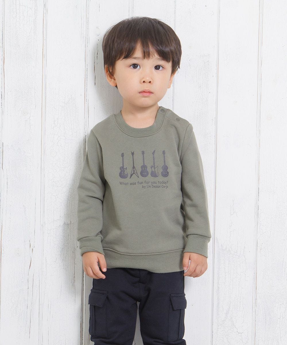 ベビー服 男の子 ベビーサイズギタープリント楽器シリーズ裏毛トレーナー カーキ(82) モデル画像2