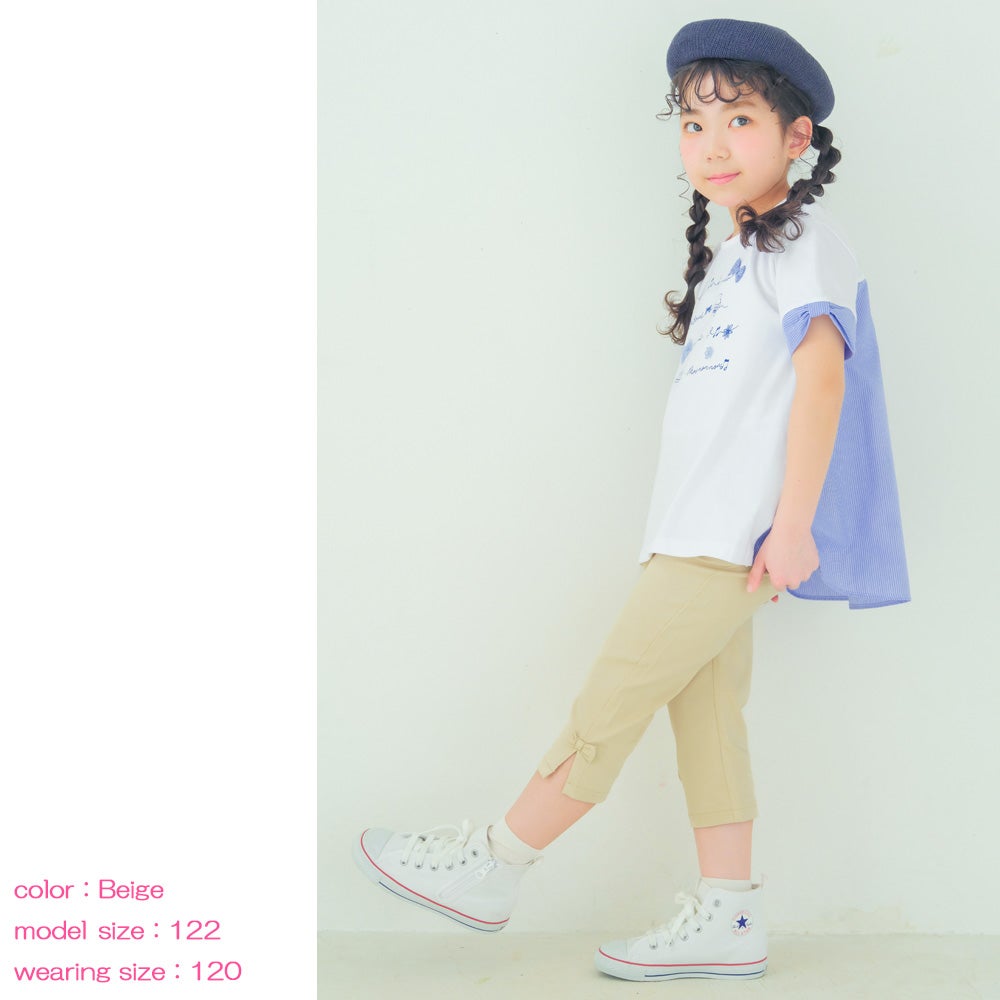 子供服 女の子 ストレッチツイル素材　リボンつき７分丈パンツ