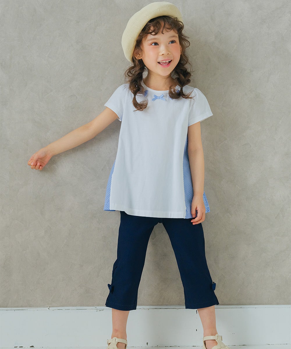 子供服 女の子 ストレッチツイル素材　リボンつき７分丈パンツ