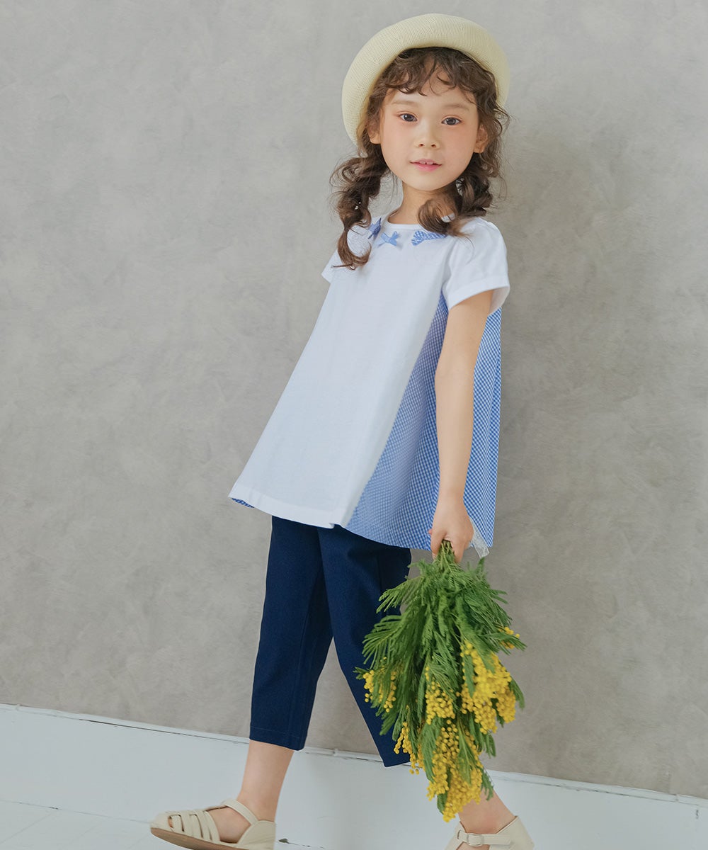 子供服 女の子 ストレッチツイル素材　リボンつき７分丈パンツ