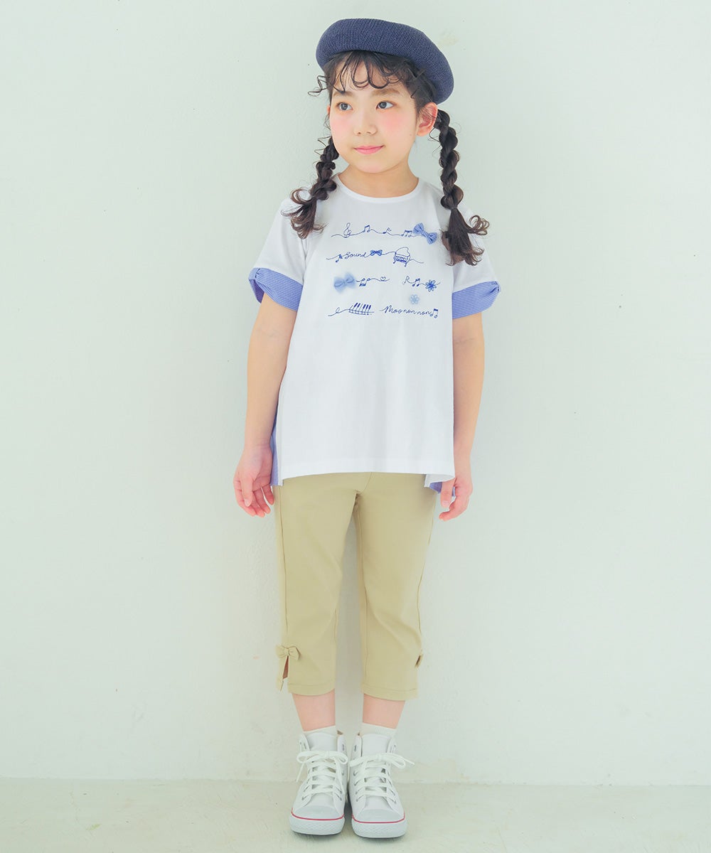 子供服 女の子 ストレッチツイル素材　リボンつき７分丈パンツ