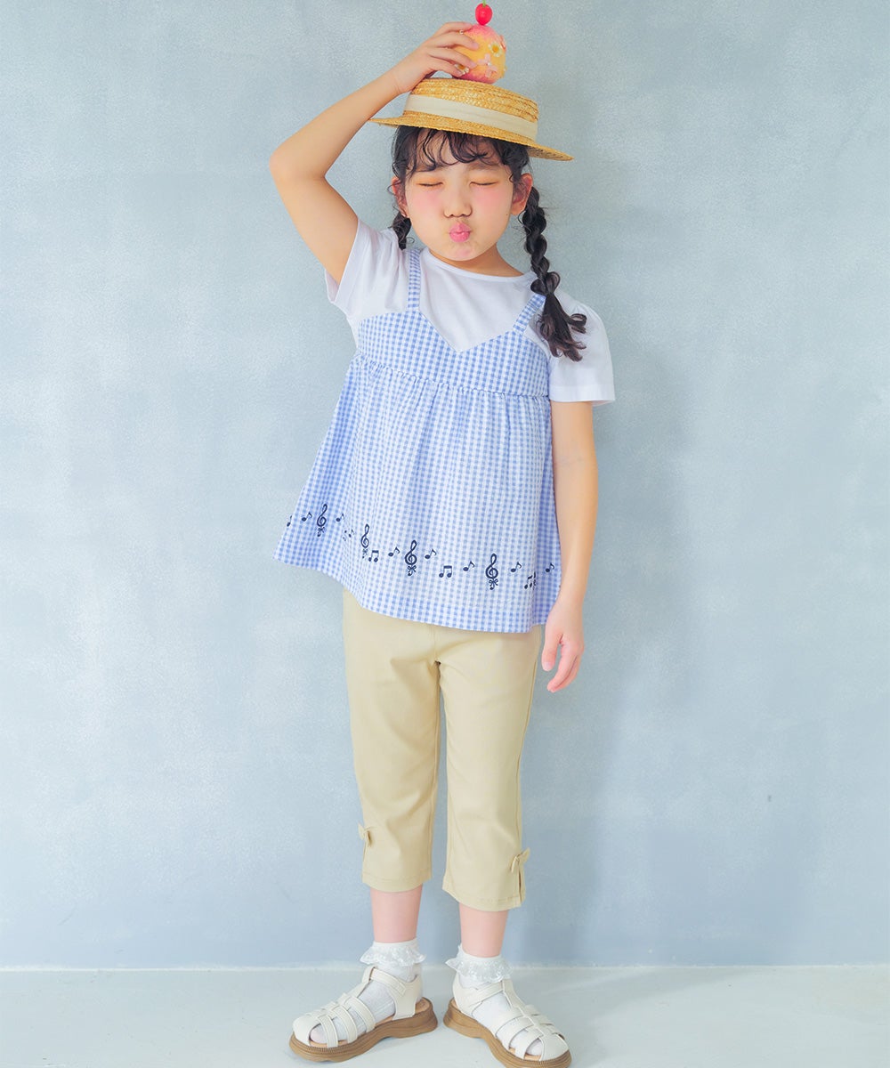 子供服 女の子 ストレッチツイル素材　リボンつき７分丈パンツ