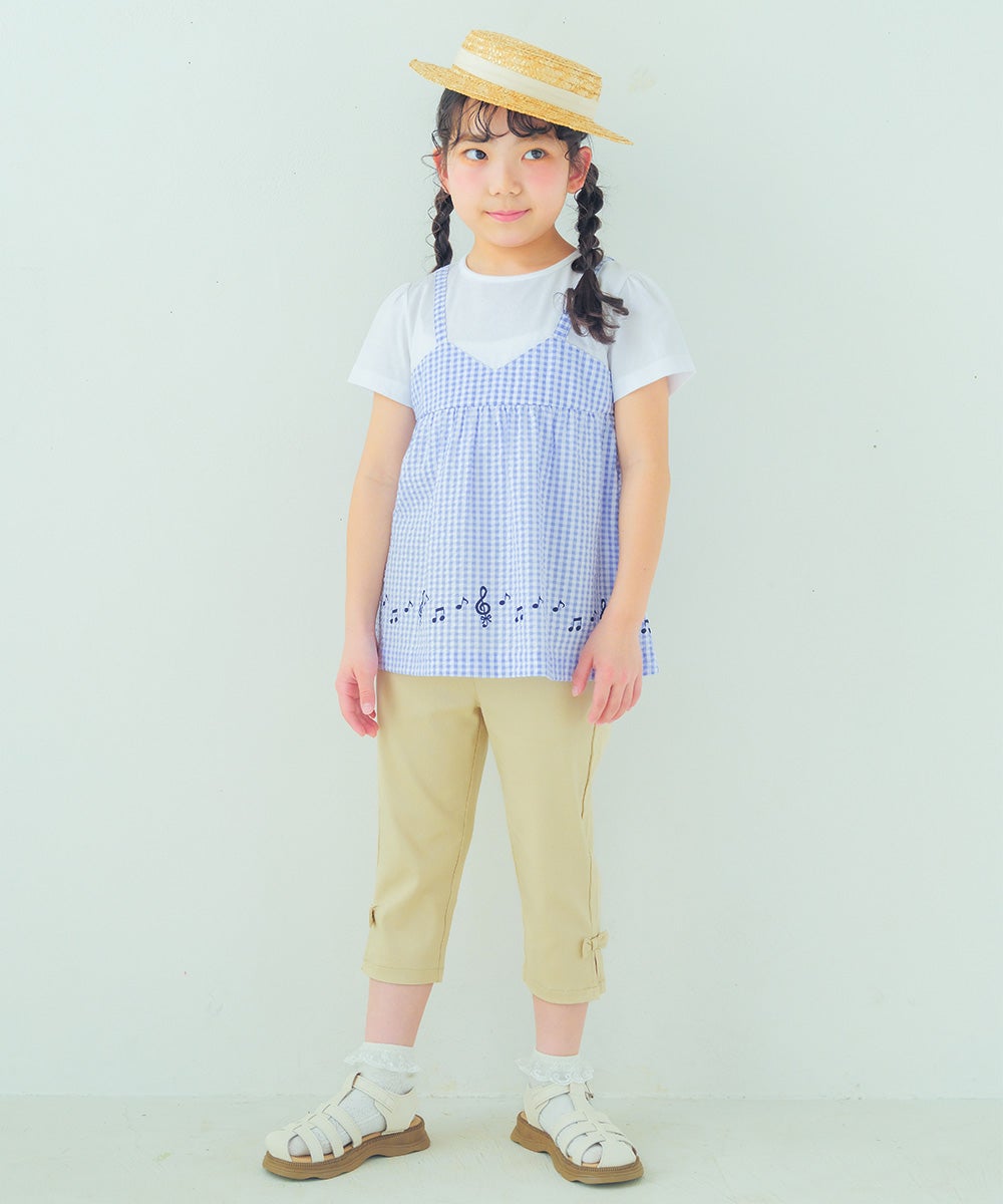 子供服 女の子 ストレッチツイル素材　リボンつき７分丈パンツ