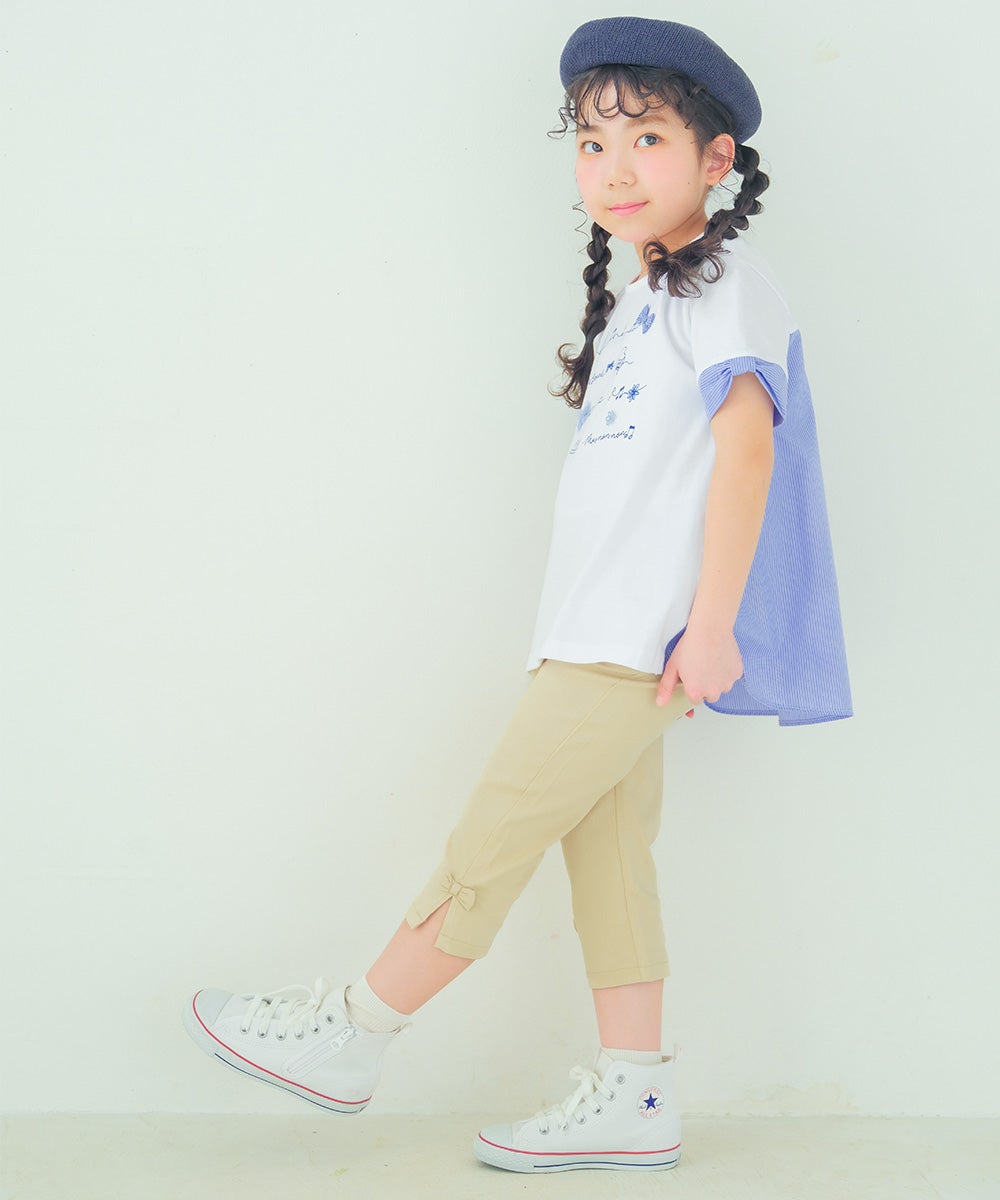 子供服 女の子 ストレッチツイル素材　リボンつき７分丈パンツ ベージュ(51) モデル画像アップ