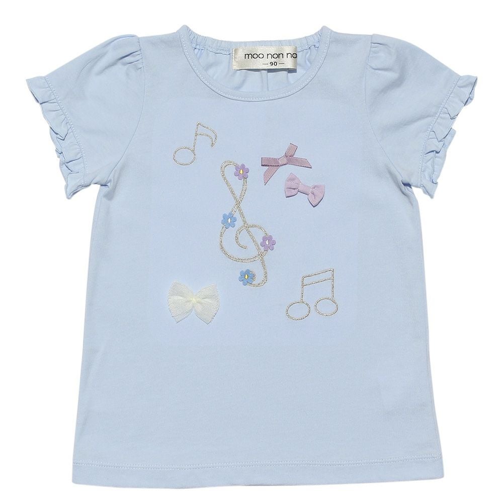 ベビー服 女の子 ベビーサイズ綿100％音符＆リボンモチーフ付きTシャツ ブルー(61) 正面