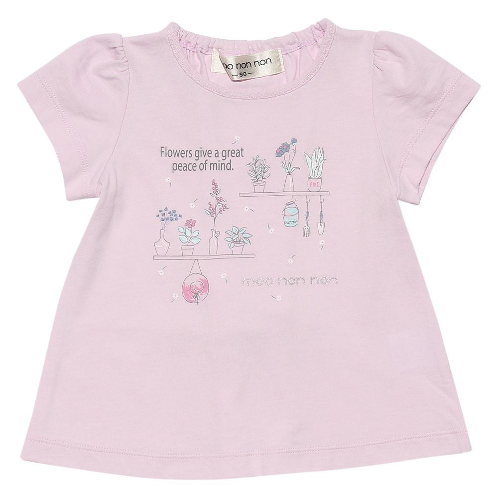 ベビー服 女の子 綿100％ベビーサイズリボン付きボタニカルお花モチーフプリントTシャツ ピンク(02) 正面