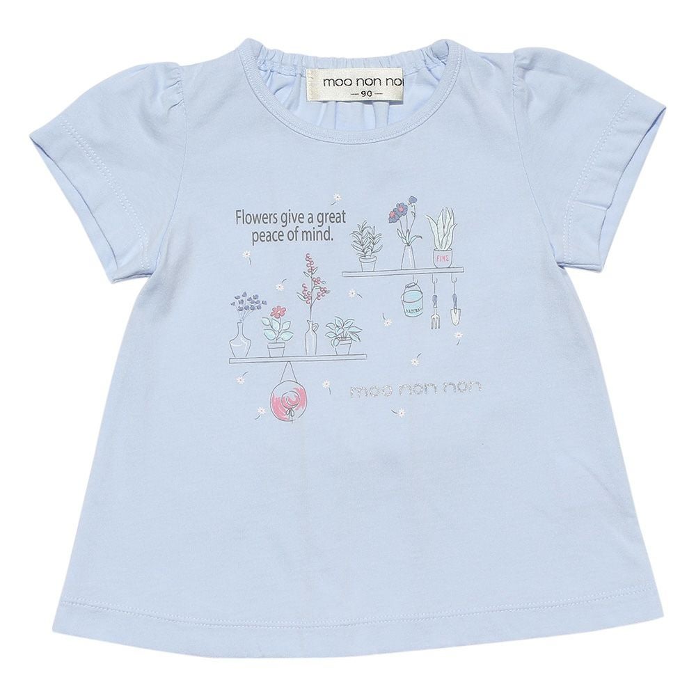 ベビー服 女の子 綿100％ベビーサイズリボン付きボタニカルお花モチーフプリントTシャツ ブルー(61) 正面