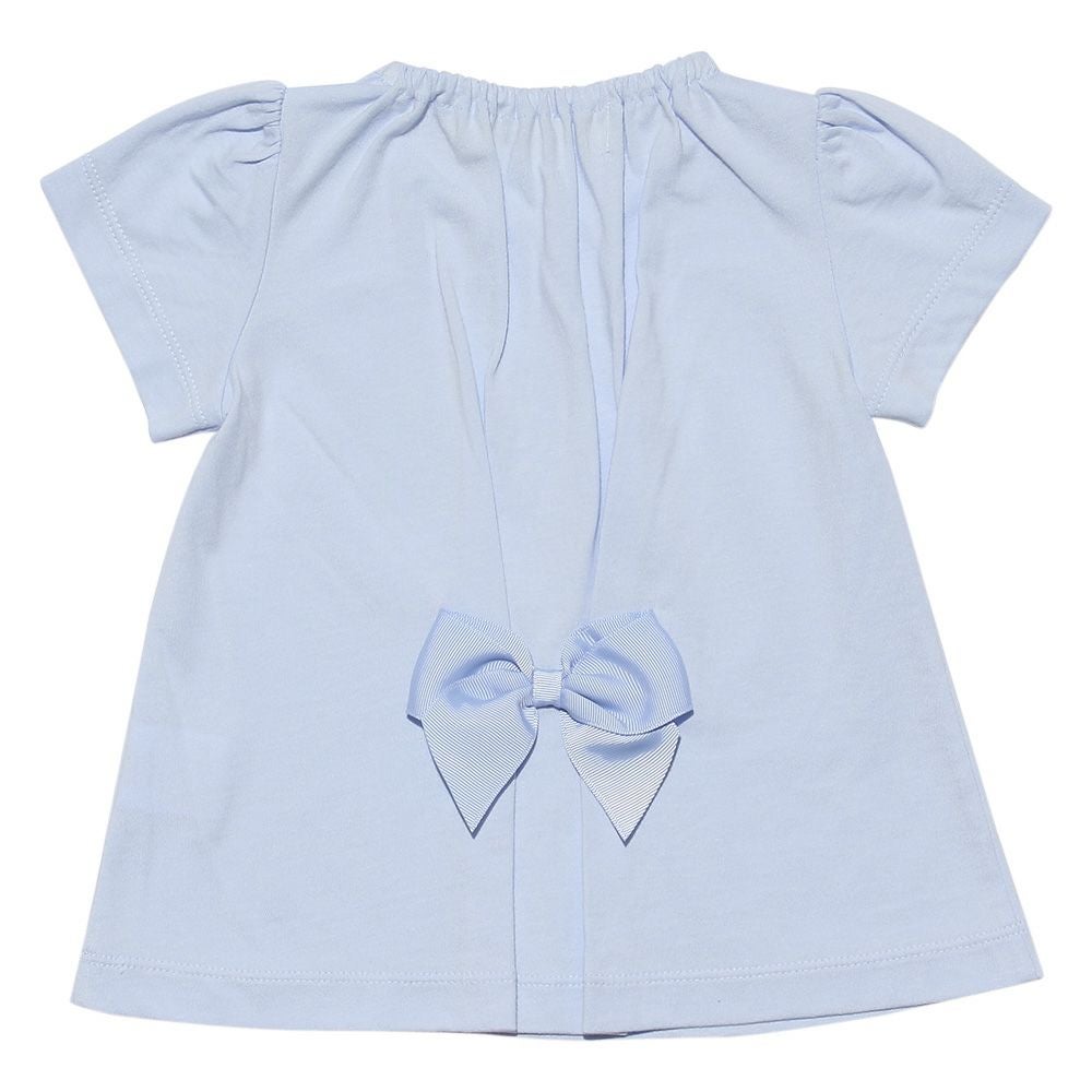 ベビー服 女の子 綿100％ベビーサイズリボン付きボタニカルお花モチーフプリントTシャツ ブルー(61) 背面