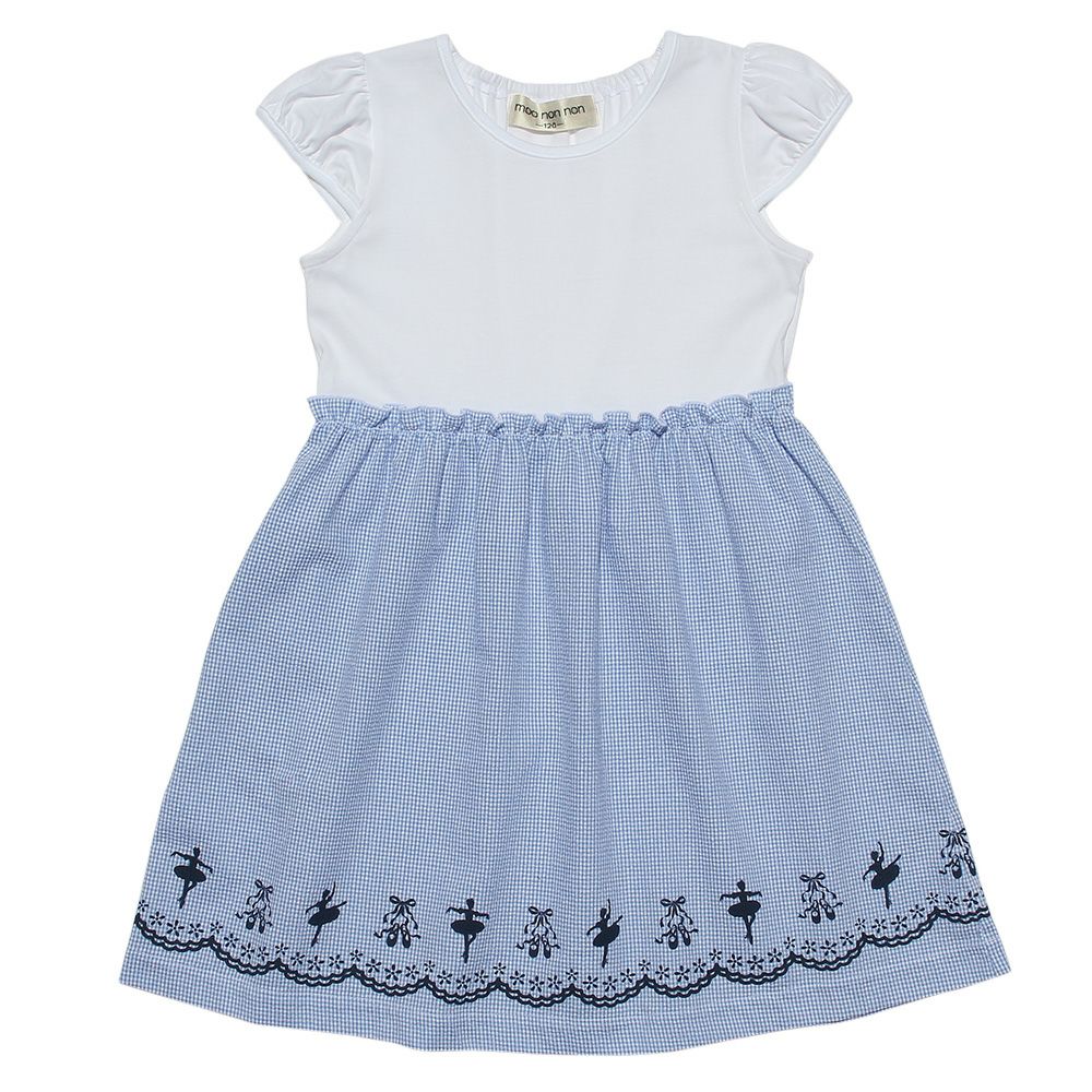 子供服 女の子 バレエモチーフプリントギンガムチェック柄切り替えワンピース ブルー(61) 正面