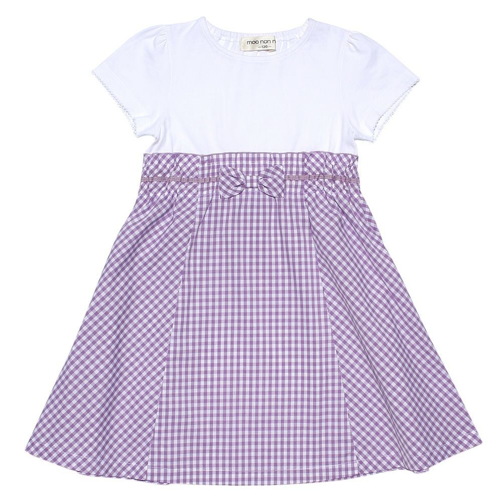 子供服 女の子 ギンガムチェック柄リボン付きギャザーワンピース パープル(91) 正面