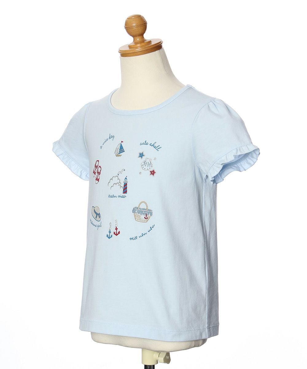 子供服 女の子 綿100％マリンモチーフ刺繍フリル付きTシャツ ブルー(61) トルソー斜め