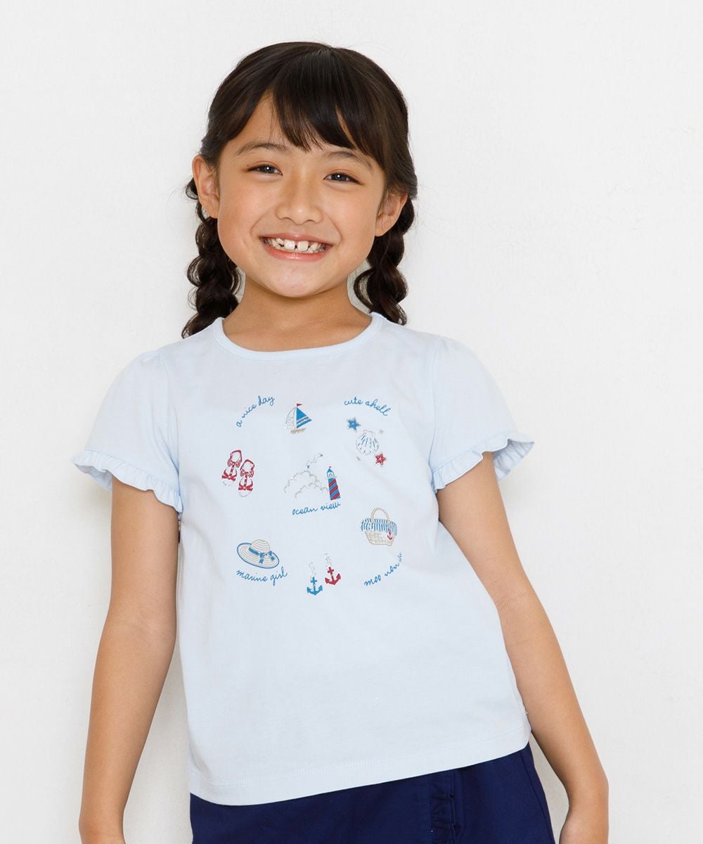 子供服 女の子 綿100％マリンモチーフ刺繍フリル付きTシャツ ブルー(61) モデル画像アップ