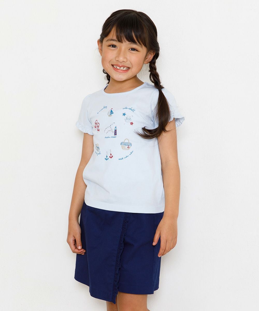 子供服 女の子 綿100％マリンモチーフ刺繍フリル付きTシャツ ブルー(61) モデル画像4