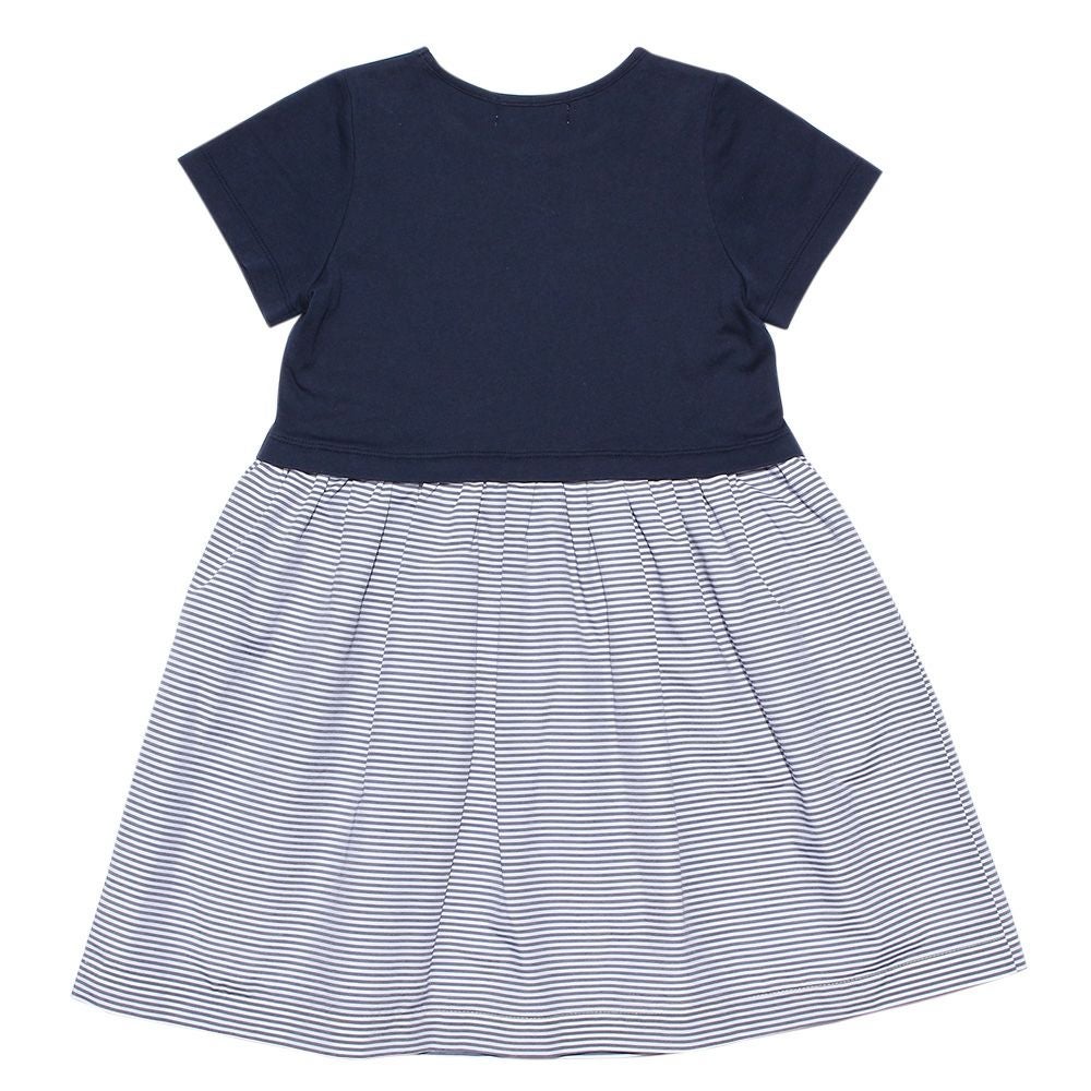 子供服 女の子 ボーダー柄リボン付きドッキングワンピース ネイビー(06) 背面
