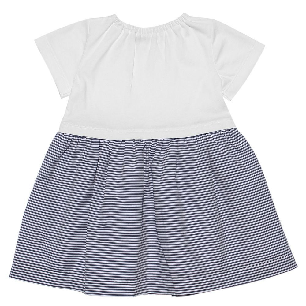 ベビー服 男の子 ベビーサイズボーダー柄リボン＆裏地付きドッキングワンピース オフホワイト(11) 背面