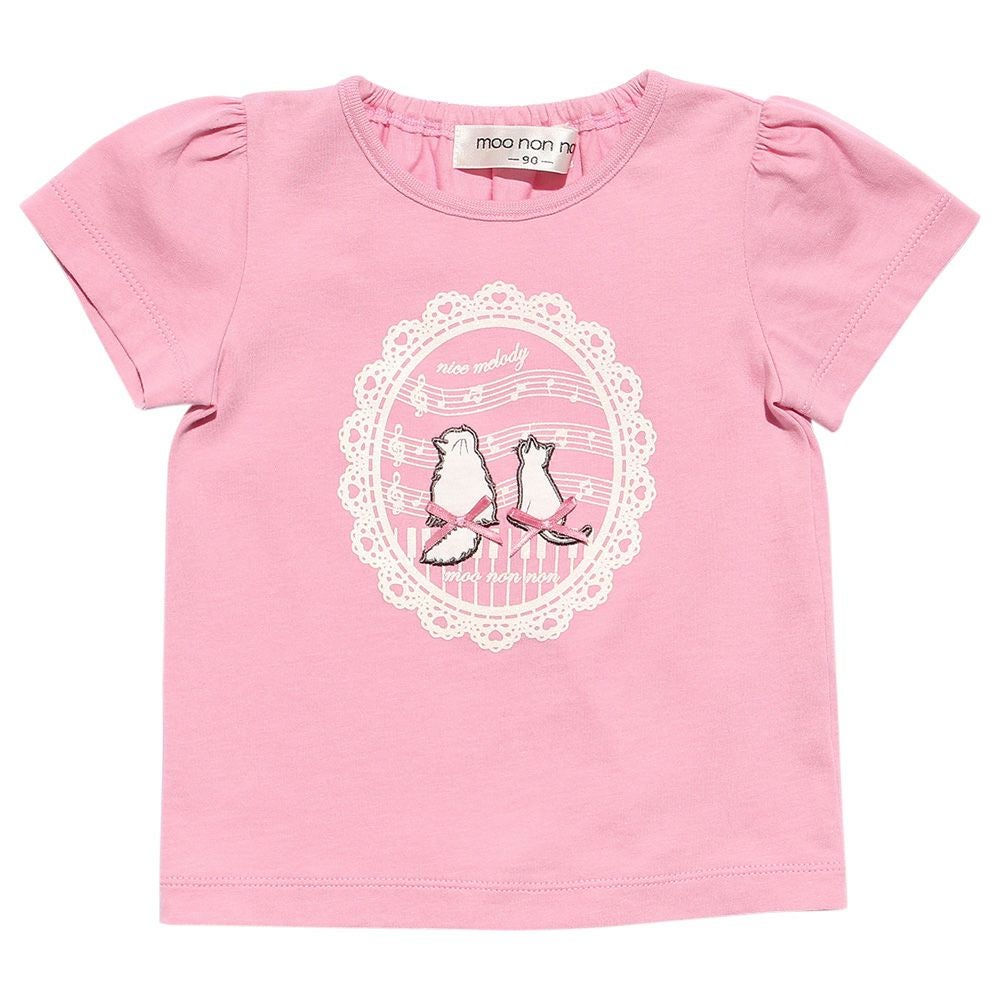 ベビー服 女の子 ベビーサイズ綿100％ネコアップリケつきTシャツ ピンク(02) 正面