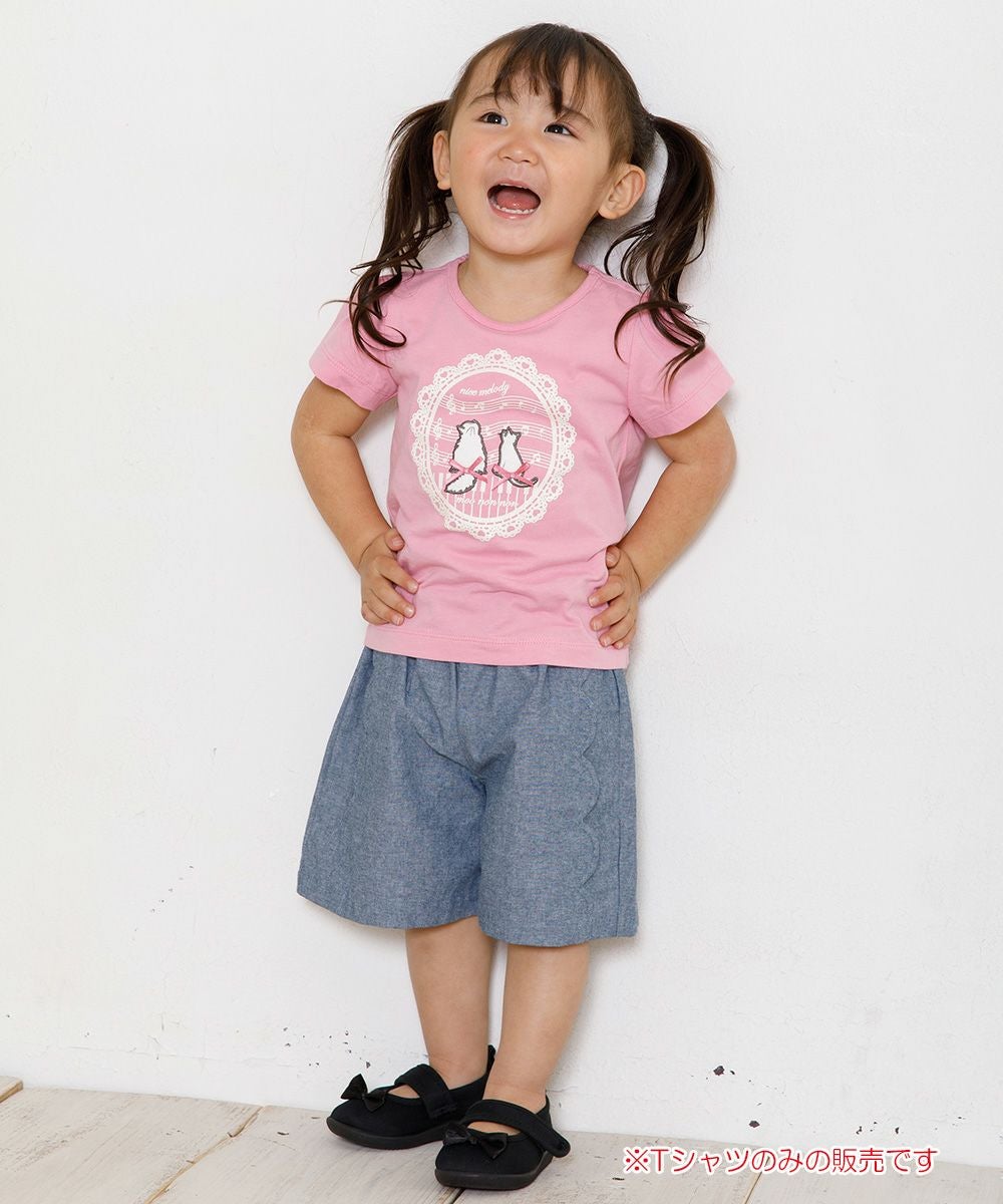 ベビー服 女の子 ベビーサイズ綿100％ネコアップリケつきTシャツ ピンク(02) モデル画像全身