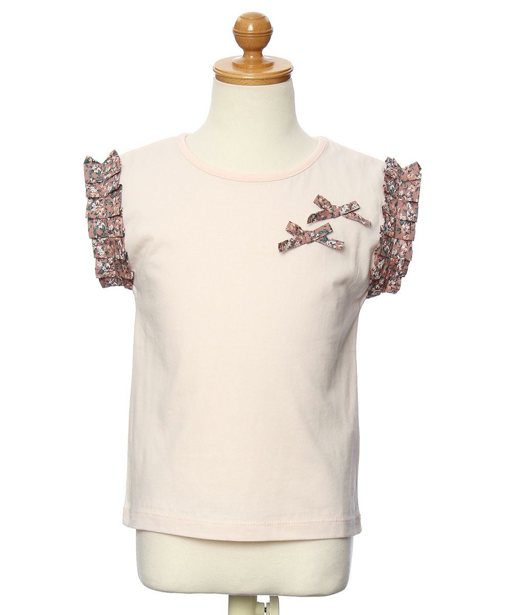 子供服 女の子 綿100％花柄リボンつき袖プリーツデザインTシャツ ピンク(02) トルソー正面