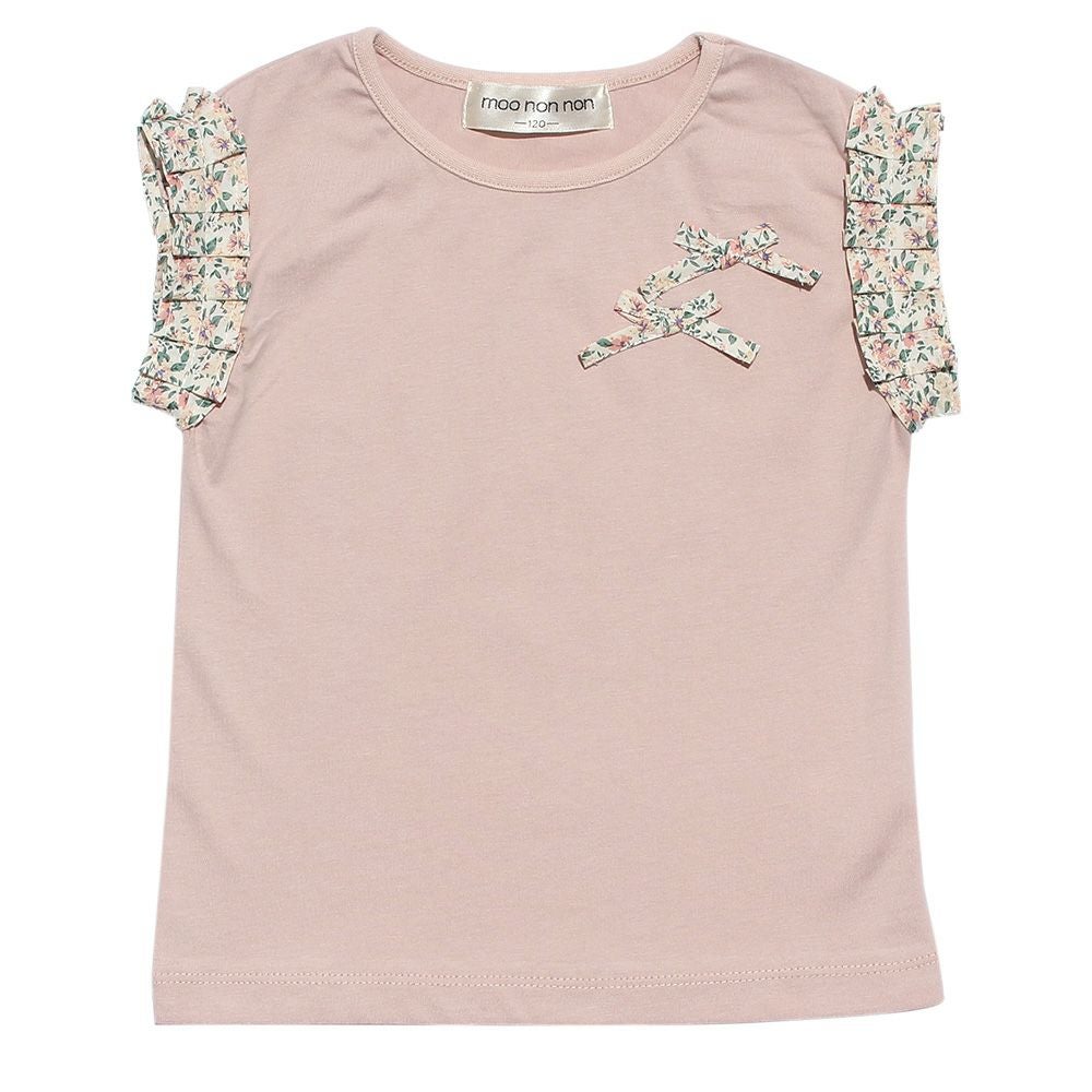 子供服 女の子 綿100％花柄リボンつき袖プリーツデザインTシャツ ベージュ(51) 正面