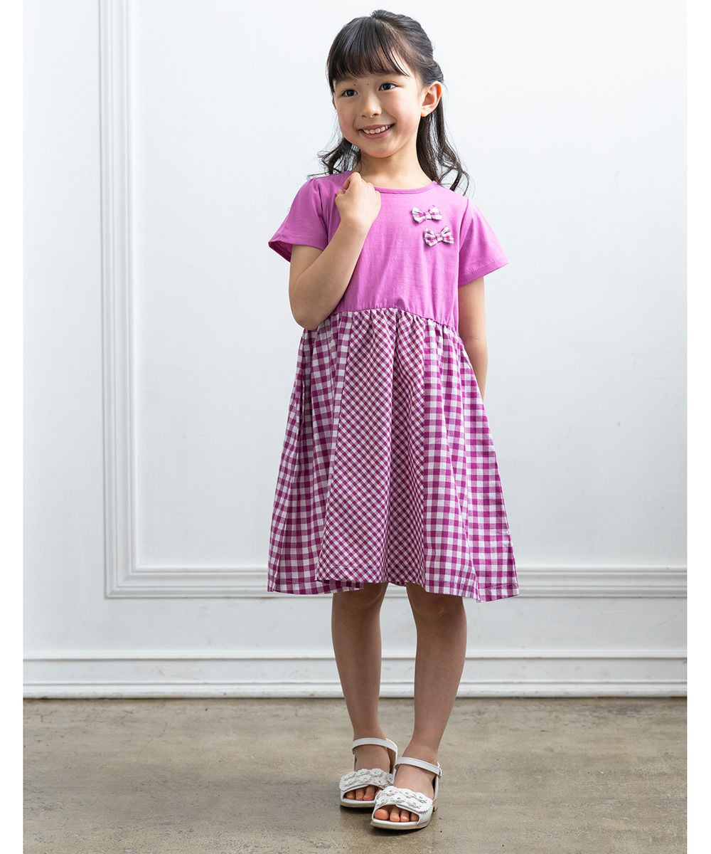 子供服 女の子 チェック柄リボン付きドッキングワンピース パープル(91) モデル画像