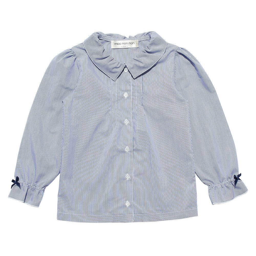 子供服 女の子 ストライプ柄リボン付きフリル袖ブラウス ネイビー(06) 正面