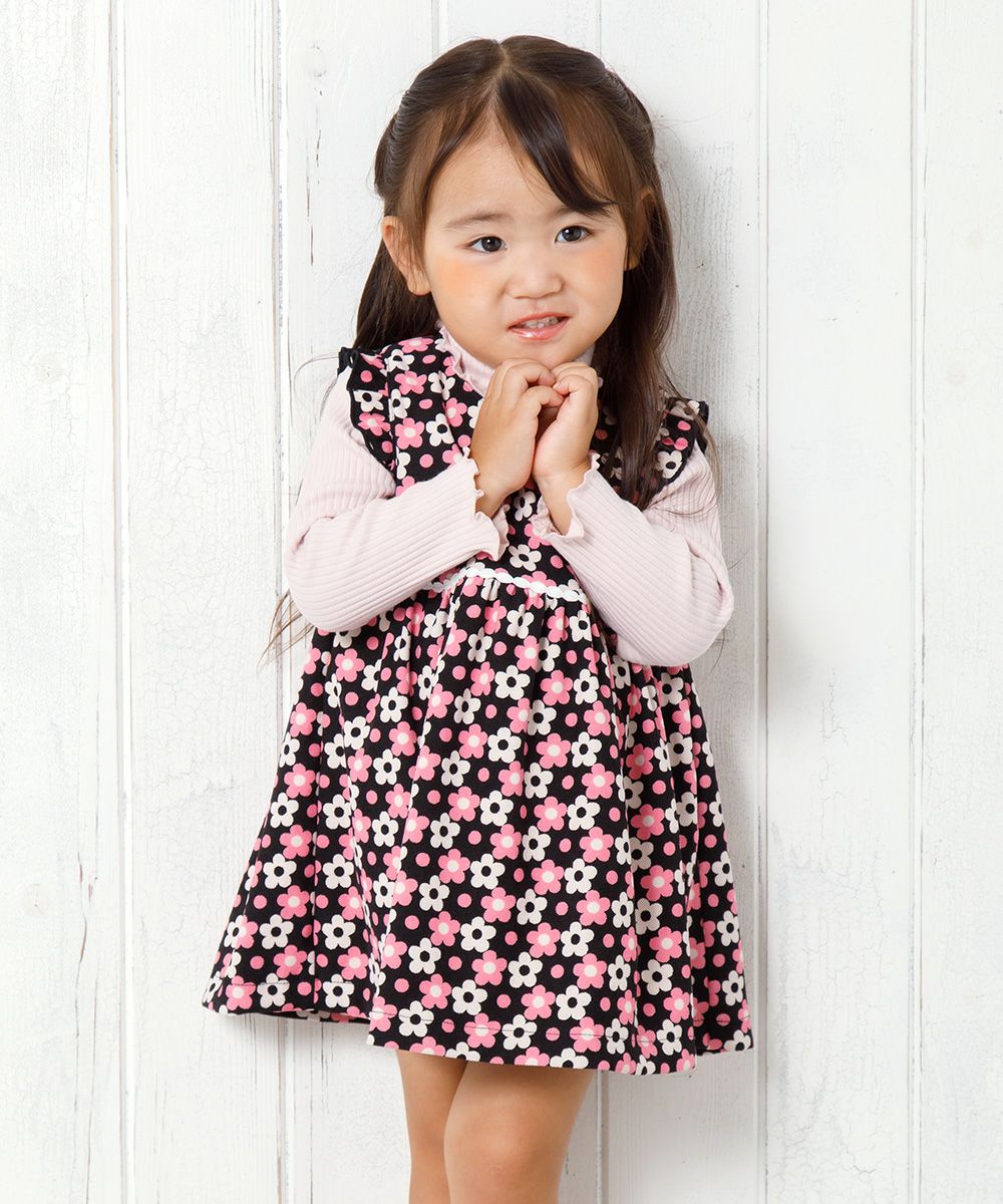 ベビー服 女の子 ベビーサイズ日本製花柄レースつきギャザーワンピース ピンク(02) モデル画像1