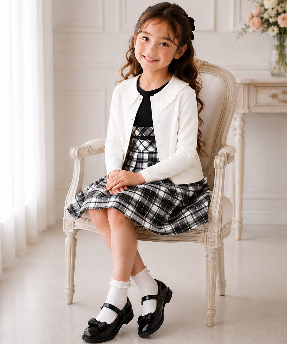 子供服 女の子 日本製チェック柄リボン付きワンピース ホワイト×ブラック(10)
